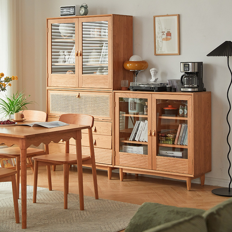 Contemporary Nordic Rectangular Solid Pine Wood Plywood Natural Rattan Tempered Glass Storage Cabinet 6-Drawer For Living Room
