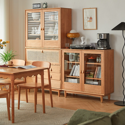 Contemporary Nordic Rectangular Solid Pine Wood Plywood Natural Rattan Tempered Glass Storage Cabinet 6-Drawer For Living Room