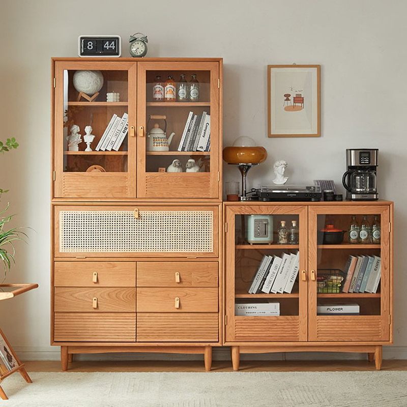 Contemporary Nordic Rectangular Solid Pine Wood Plywood Natural Rattan Tempered Glass Storage Cabinet 6-Drawer For Living Room