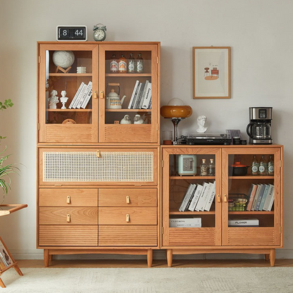 Contemporary Nordic Rectangular Solid Pine Wood Plywood Natural Rattan Tempered Glass Storage Cabinet 6-Drawer For Living Room