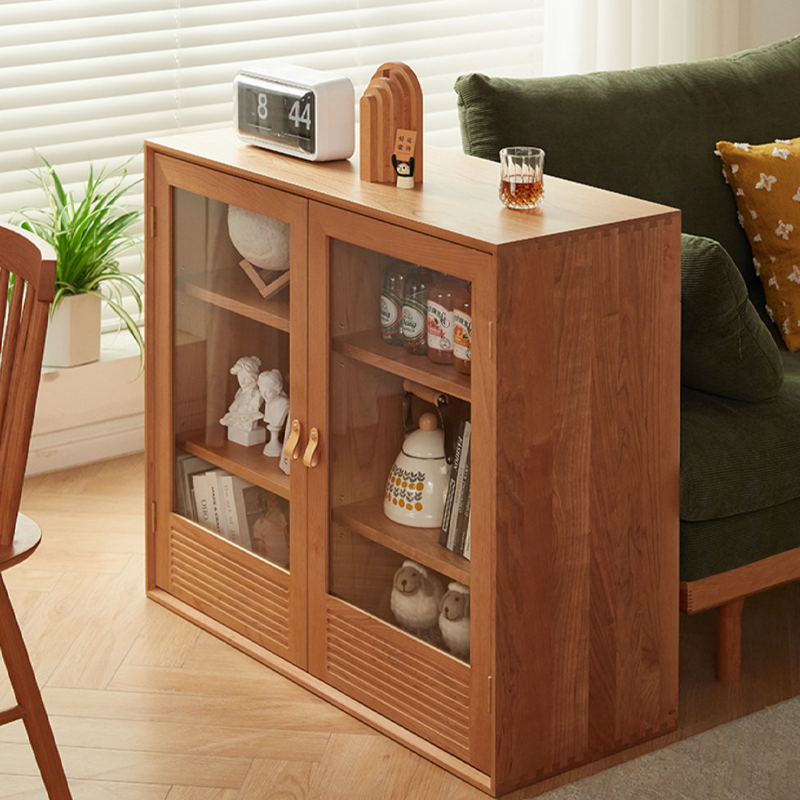 Contemporary Nordic Rectangular Solid Pine Wood Plywood Natural Rattan Tempered Glass Storage Cabinet 6-Drawer For Living Room