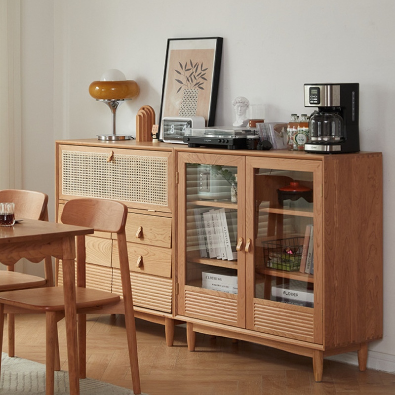 Contemporary Nordic Rectangular Solid Pine Wood Plywood Natural Rattan Tempered Glass Storage Cabinet 6-Drawer For Living Room