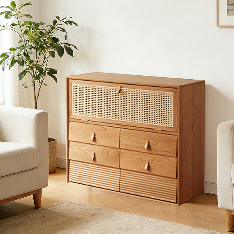 Contemporary Nordic Rectangular Solid Pine Wood Plywood Natural Rattan Tempered Glass Storage Cabinet 6-Drawer For Living Room