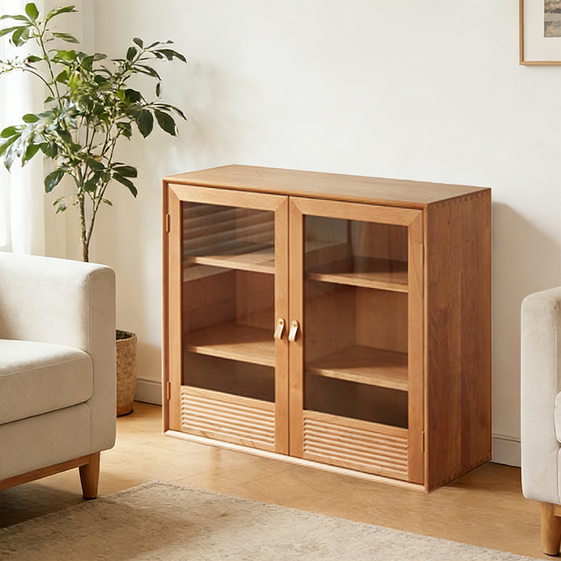 Contemporary Nordic Rectangular Solid Pine Wood Plywood Natural Rattan Tempered Glass Storage Cabinet 6-Drawer For Living Room