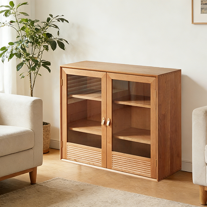 Contemporary Nordic Rectangular Solid Pine Wood Plywood Natural Rattan Tempered Glass Storage Cabinet 6-Drawer For Living Room