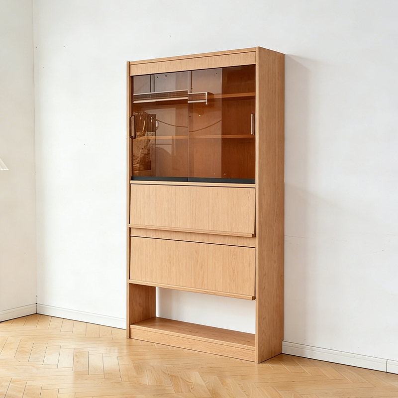 Contemporary Scandinavian Rectangular Cherry Wood Plywood Glass Bookshelf 6-Tier For Home Office