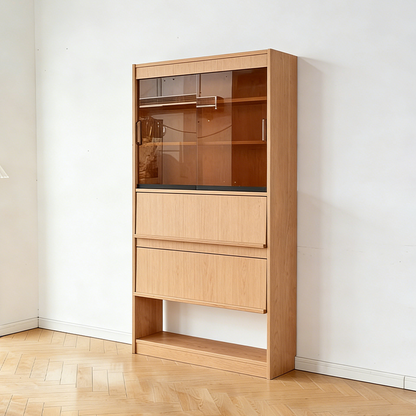 Contemporary Scandinavian Rectangular Cherry Wood Plywood Glass Bookshelf 6-Tier For Home Office