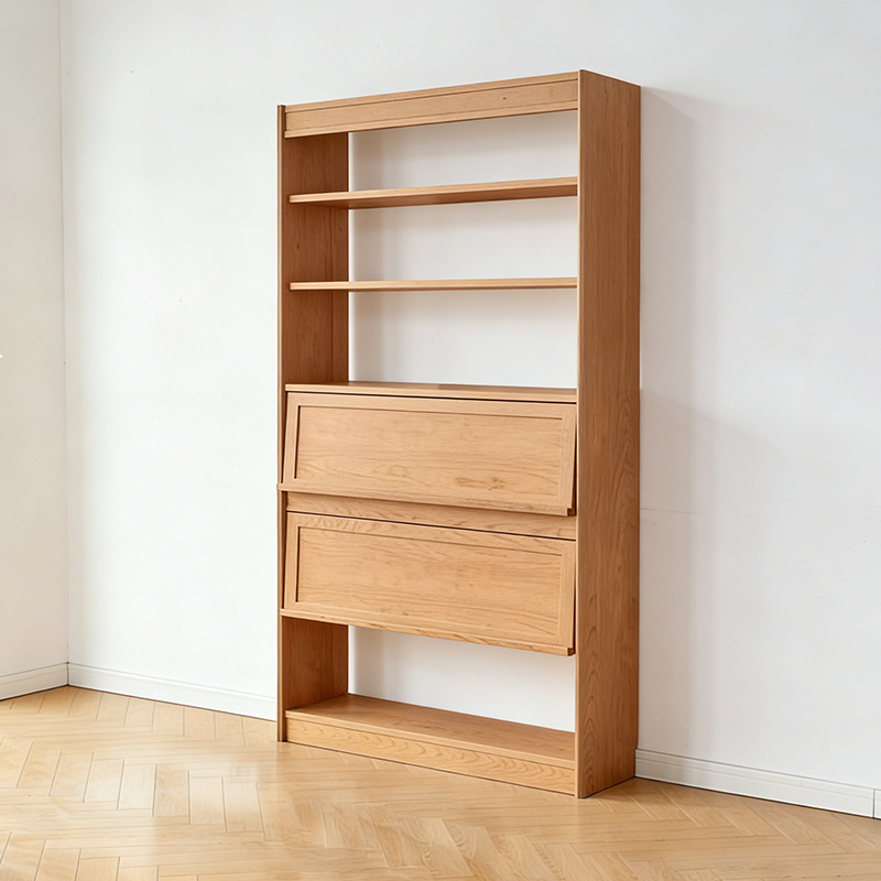 Contemporary Scandinavian Rectangular Cherry Wood Plywood Glass Bookshelf 6-Tier For Home Office