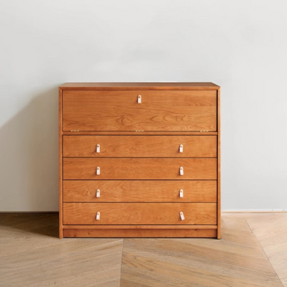 Contemporary Nordic Rectangular Cherry Wood Plywood Glass Storage Cabinet 4-Drawer For Living Room