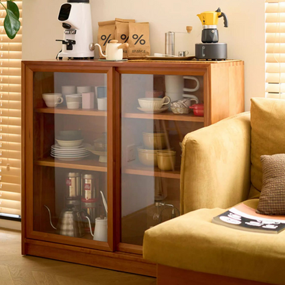 Contemporary Nordic Rectangular Cherry Wood Plywood Glass Storage Cabinet 4-Drawer For Living Room