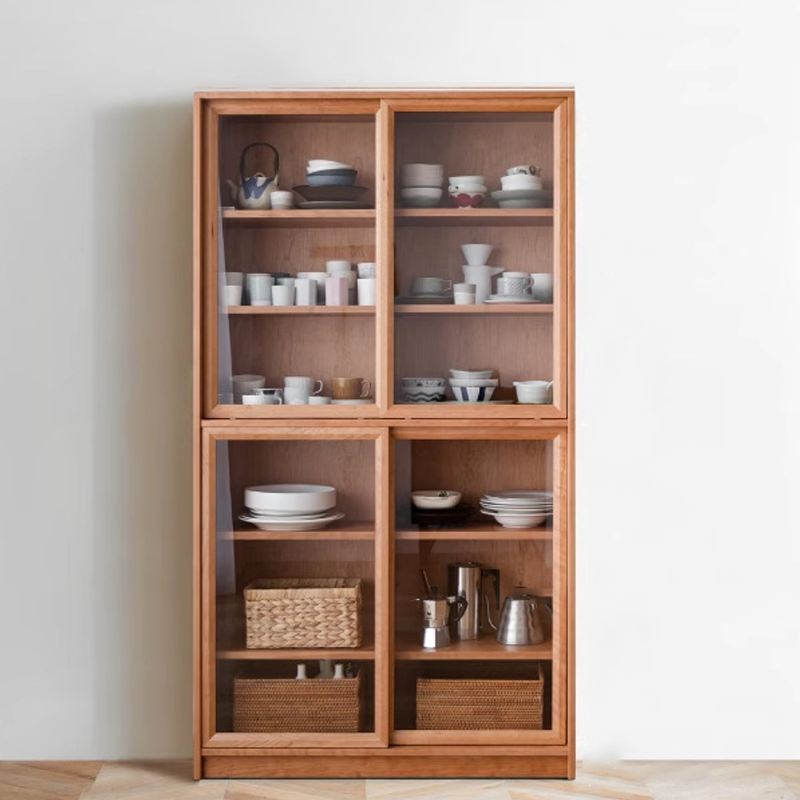Contemporary Nordic Rectangular Cherry Wood Plywood Glass Storage Cabinet 4-Drawer For Living Room
