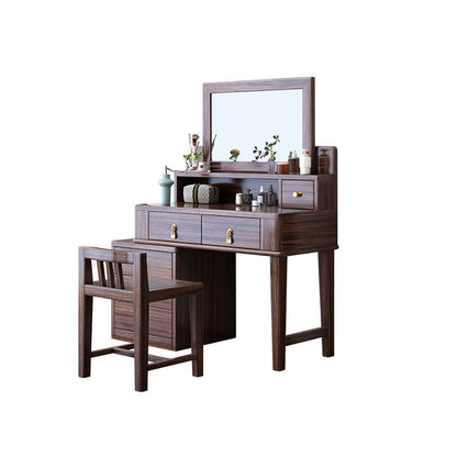Traditional Chinese Rectangular Round Zebrawood Brass Plywood Glass Extendable Makeup Vanity 6-Drawer For Bedroom