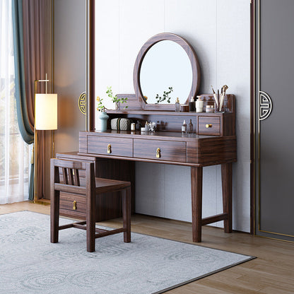 Traditional Chinese Rectangular Round Zebrawood Brass Plywood Glass Extendable Makeup Vanity 6-Drawer For Bedroom