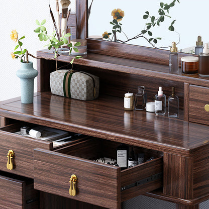 Traditional Chinese Rectangular Round Zebrawood Brass Plywood Glass Extendable Makeup Vanity 6-Drawer For Bedroom