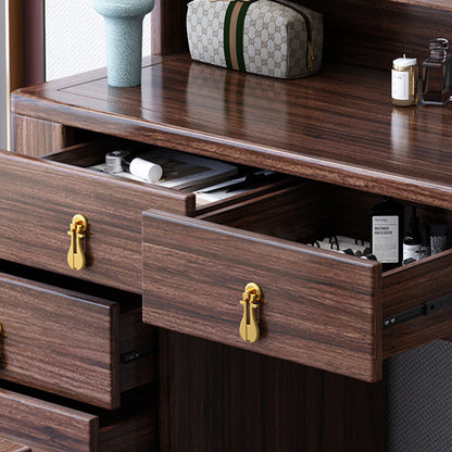 Traditional Chinese Rectangular Round Zebrawood Brass Plywood Glass Extendable Makeup Vanity 6-Drawer For Bedroom