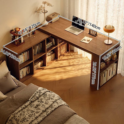 Modern Minimalist Rectangular L-Shaped Particle Board Desk With Bookshelf 8/10 Storage For Home Office