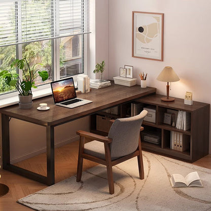 Modern Minimalist Rectangular L-Shaped Medium Density Fiberboard Desk With Bookshelf 5/7 Storage For Home Office