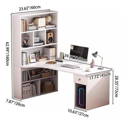Modern Minimalist Rectangular L-Shaped Medium Density Fiberboard Desk With Bookshelf 5-Tier 1 Drawer For Home Office