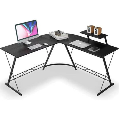 Modern Minimalist Rectangular L-Shaped Iron Medium Density Fiberboard Desk 2-Tier For Home Office