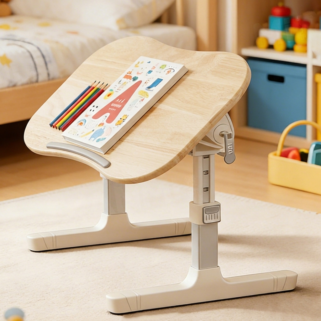 Contemporary Scandinavian Curved Pine Finger-Jointed Board Plastic Aluminum Alloy Adjustable Height Folding Desk 1-Drawer For Bedroom