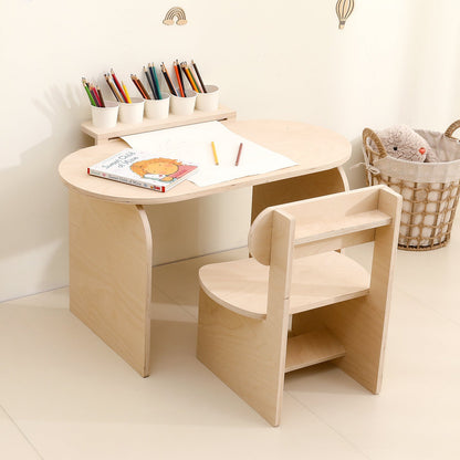 Contemporary Scandinavian Rectangular Plywood Kids Desk & Chair Set 2-Tier For Bedroom