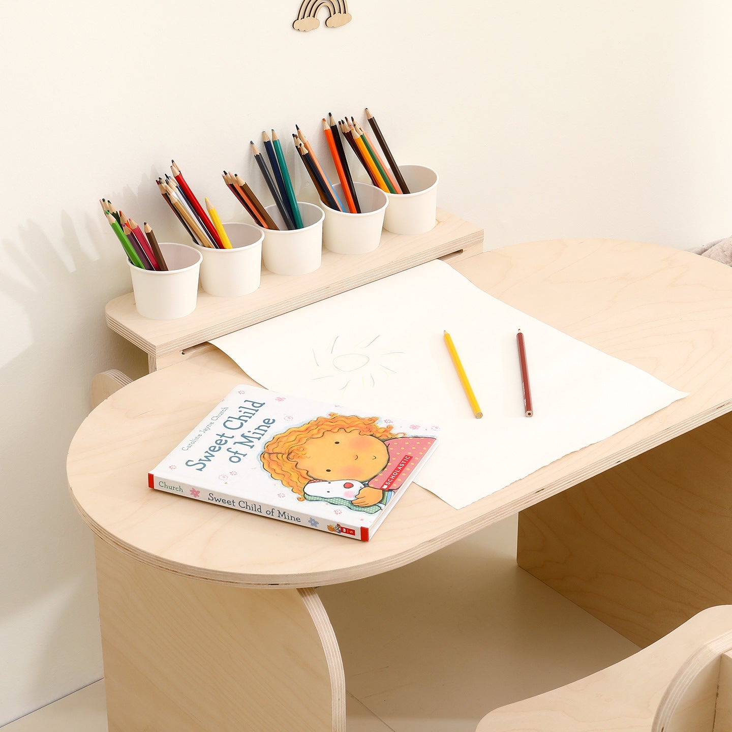 Contemporary Scandinavian Rectangular Plywood Kids Desk & Chair Set 2-Tier For Bedroom