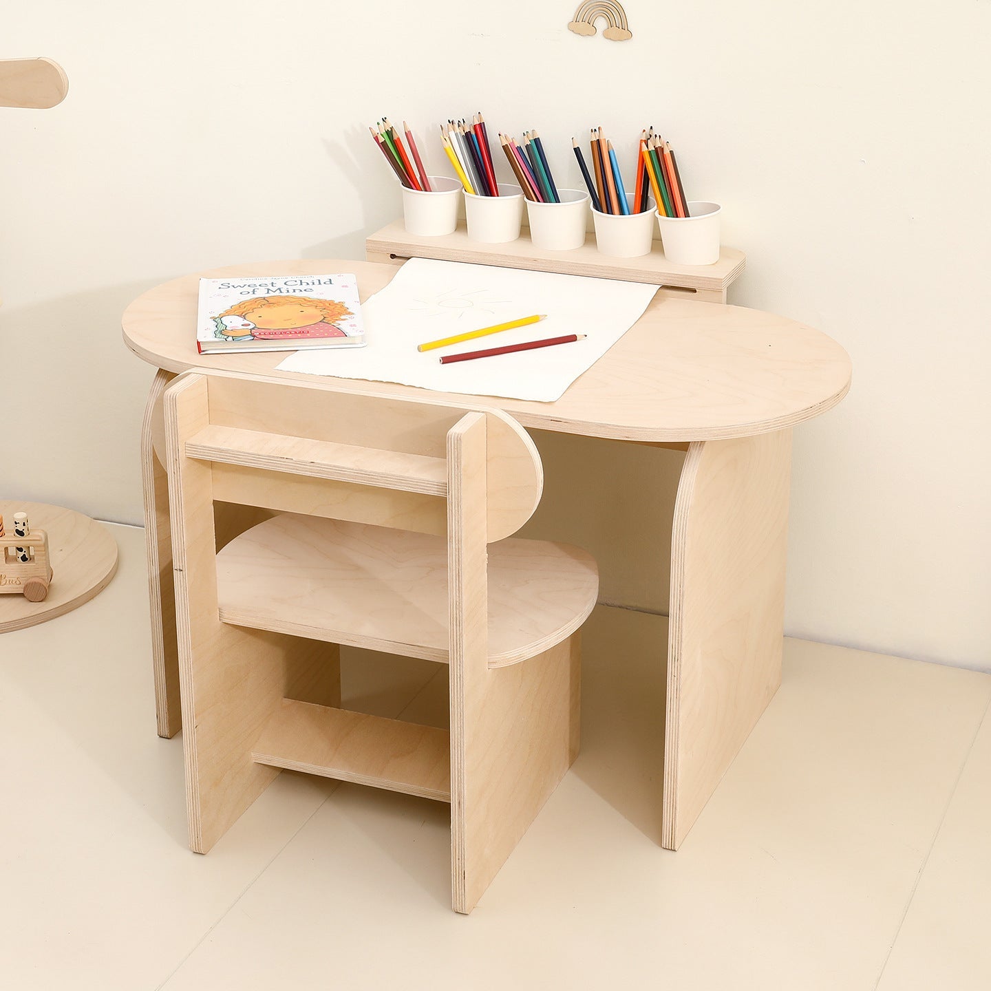 Contemporary Scandinavian Rectangular Plywood Kids Desk & Chair Set 2-Tier For Bedroom