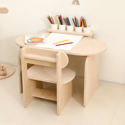 Contemporary Scandinavian Rectangular Plywood Kids Desk & Chair Set 2-Tier For Bedroom