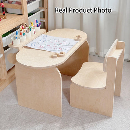 Contemporary Scandinavian Rectangular Plywood Kids Desk & Chair Set 2-Tier For Bedroom