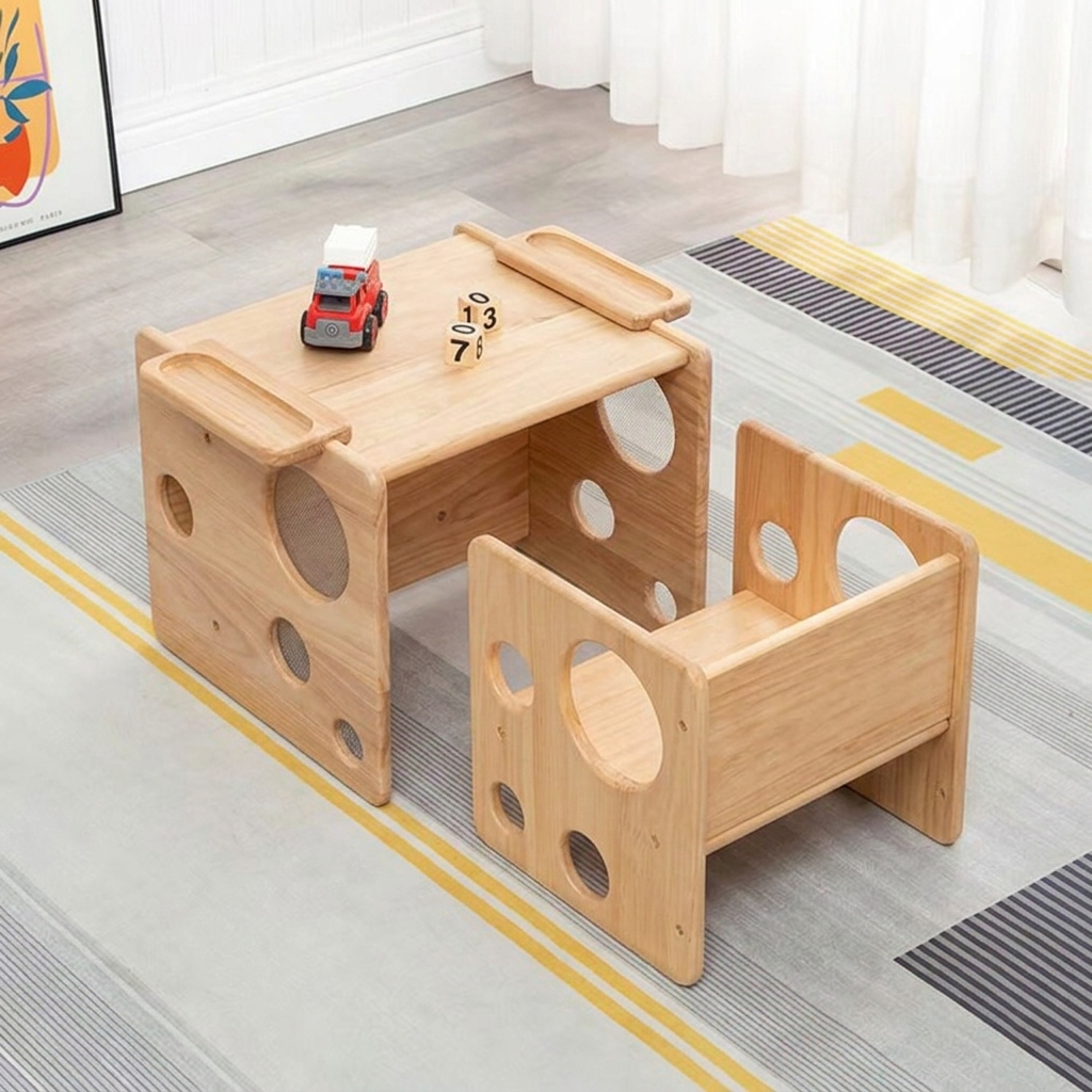 Contemporary Scandinavian Rectangular Round Pine Wood Kids Desk & Chair Set 1-Tier For Bedroom