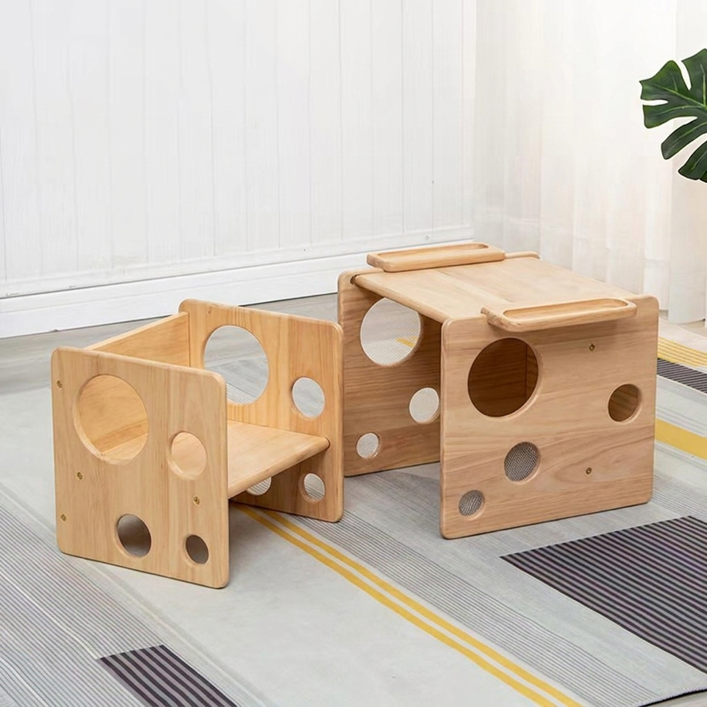 Contemporary Scandinavian Rectangular Round Pine Wood Kids Desk & Chair Set 1-Tier For Bedroom