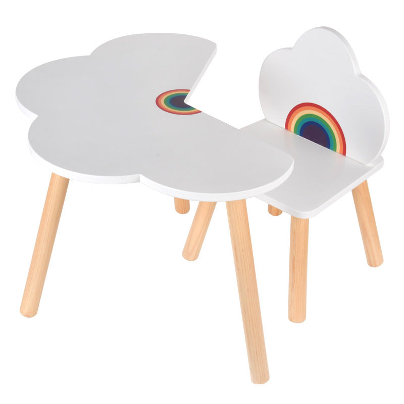Contemporary Scandinavian Curved Cloud-Patterned Rainbow Pine Medium Density Fiberboard Kids Desk & Chair Set 1-Tier For Bedroom