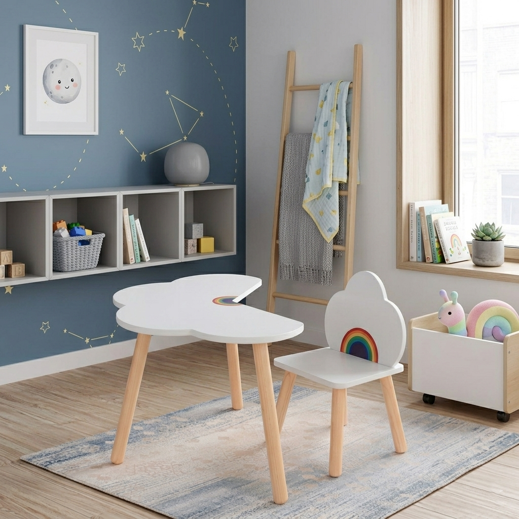 Contemporary Scandinavian Curved Cloud-Patterned Rainbow Pine Medium Density Fiberboard Kids Desk & Chair Set 1-Tier For Bedroom