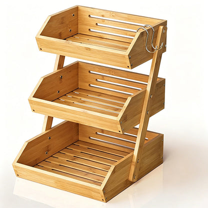 Contemporary Scandinavian Rectangular Bamboo Fruit Basket Desktop Storage Shelf 2/3 Tier For Kitchen