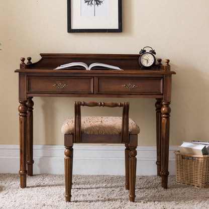 Traditional Vintage Rubberwood Veneered Plywood Metal Rectangle Carved Desk 2-Drawer For Bedroom