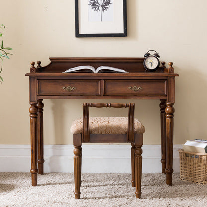 Traditional Vintage Rubberwood Veneered Plywood Metal Rectangle Carved Desk 2-Drawer For Bedroom