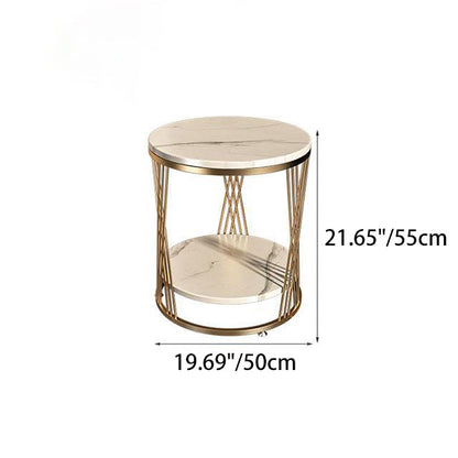 Contemporary Luxury Round Stone Slab Iron Side Table 2-Tier For Living Room