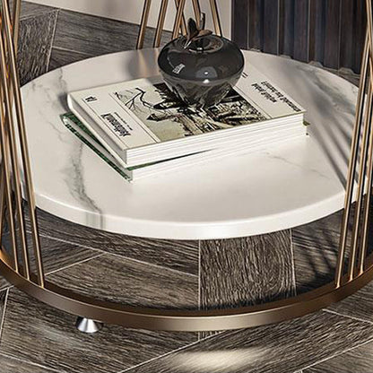 Contemporary Luxury Round Stone Slab Iron Side Table 2-Tier For Living Room