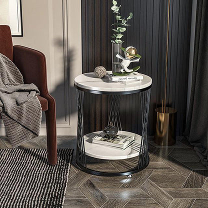 Contemporary Luxury Round Stone Slab Iron Side Table 2-Tier For Living Room