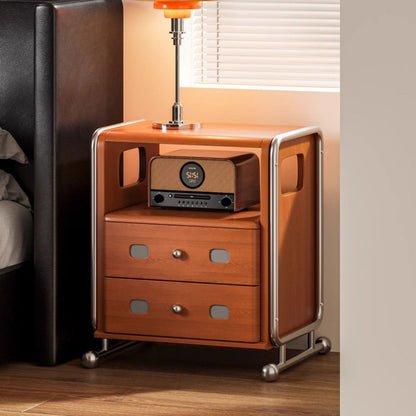 Traditional Vintage Square Pine Wood Boxwood Stainless Steel Nightstand 2-Drawer For Bedroom