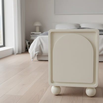 Contemporary Scandinavian Square Cream 1-Cabinet Accent Nightstand - Sculpted Arch Door & Ball Legs Bedside Table For Bedroom