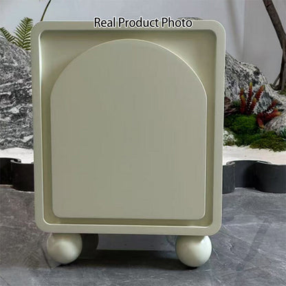 Contemporary Scandinavian Square Cream 1-Cabinet Accent Nightstand - Sculpted Arch Door & Ball Legs Bedside Table For Bedroom