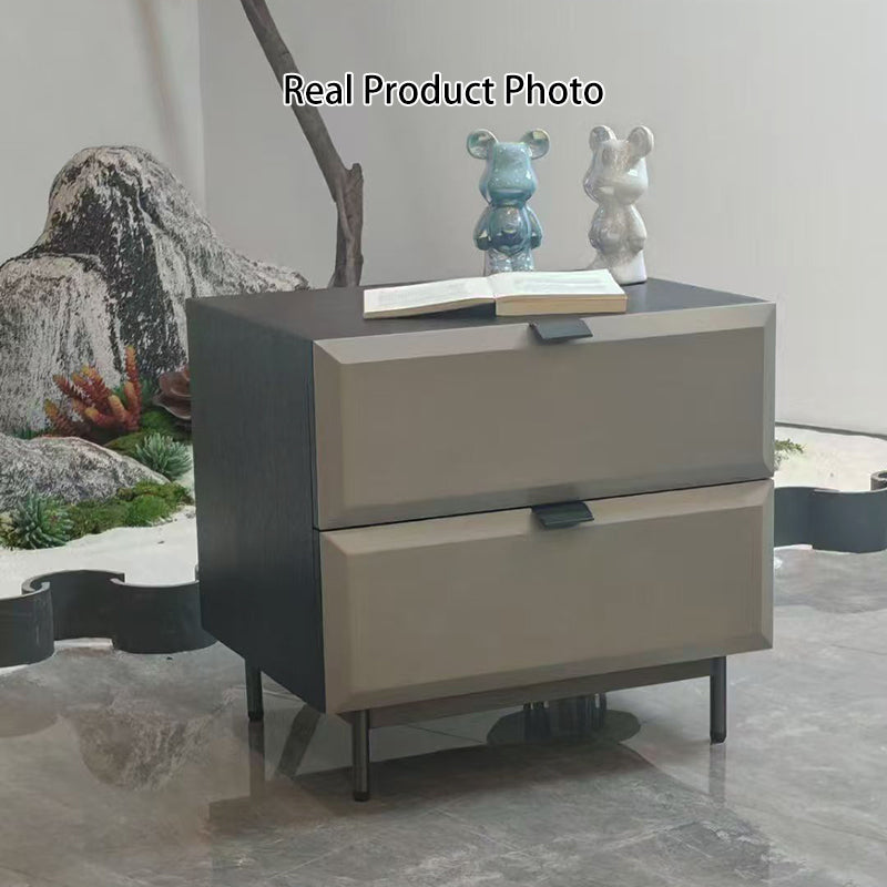 Modern Minimalist Square Gray 2-Drawer Storage Nightstand - Veneered Plywood Frame Bedside Table For Bedroom