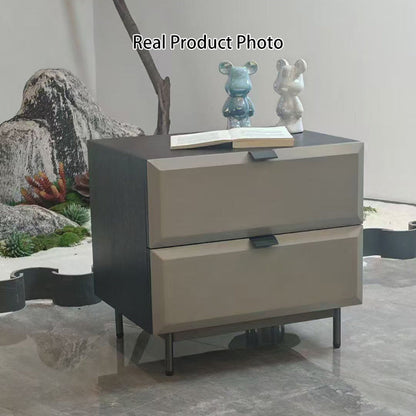Modern Minimalist Square Gray 2-Drawer Storage Nightstand - Veneered Plywood Frame Bedside Table For Bedroom