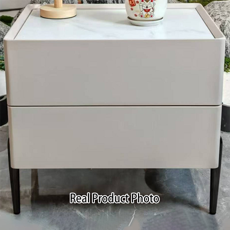 Contemporary Scandinavian Square Cream White 2-Drawer Storage Nightstand - Stone Slab Top Bedside Table For Bedroom