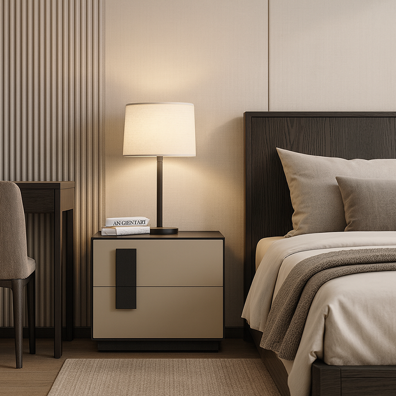 Modern Mid-Century Black & Walnut 2-Drawer Storage Nightstand - Color Blocking Frame Bedside Table For Bedroom