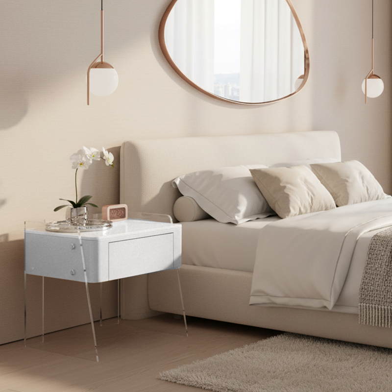 Modern Minimalist Cream White 1-Drawer Storage Nightstand - Acrylic High Legs Bedside Table For Bedroom