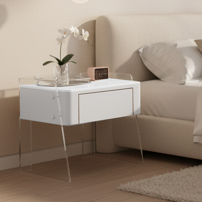 Modern Minimalist Cream White 1-Drawer Storage Nightstand - Acrylic High Legs Bedside Table For Bedroom