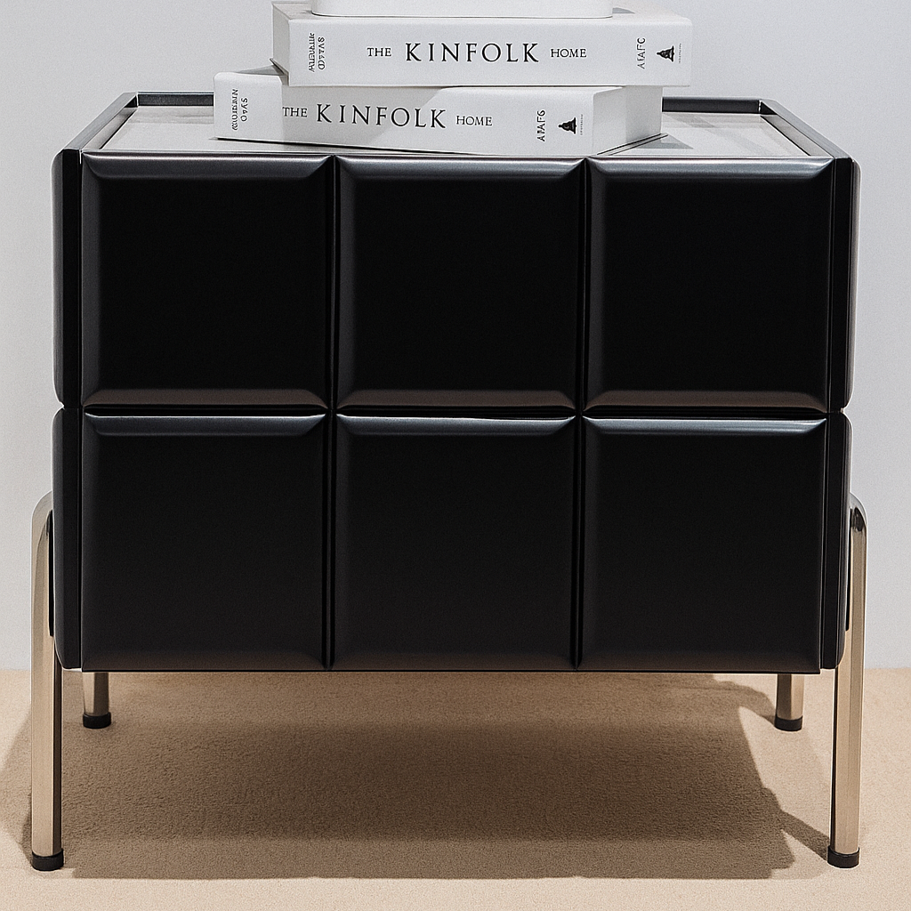 Contemporary Scandinavian Cream 2-Drawer Nightstand - Sintered Stone Top Embossed Cube Bedside Table For Bedroom