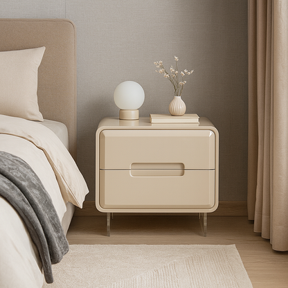 Contemporary Scandinavian Soft Beige 2-Drawer Storage Nightstand - Rounded Corner Design Clear Acrylic Legs Bedside Table For Bedroom